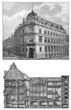 Historic illustration, 19th century, Bank building, Bayerische Vereinsbank, Munich, Bavaria,