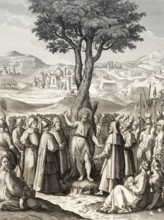 John the Baptist tells people about Jesus at the Jordan, Steel engraving 1853, digitally restored