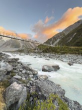 Suspension bridge on the Hooker Valley Track hiking trail, Mount Cook National Park, South Island,
