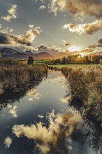 Lake Hopfensee in the Allgäu in autumn with warm sunset light against a picturesque Alpine