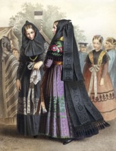 Traditional costumes in Germany around 1820, Province of Saxony, Dannstedt, woman in black veils