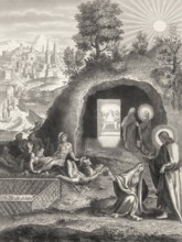 The empty tomb, Mary Magdalene, Resurrection of Jesus, New Testament, steel engraving 1853,