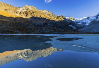 The Moiry glacier and mountain peaks are reflected in Lac de Chateaupre, Val d'Anniviers, Valais