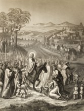 Jesus's triumphal entry into Jerusalem on Palm Sunday, New Testament, steel engraving 1853,