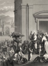 The second cleansing of the Temple, New Testament, steel engraving 1853, digitally restored