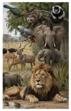 Display board Ethiopian fauna, lion, elephant, ostrich, antelope, kudu, parrot, Africa, wildlife,