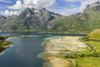 Aerial view of a bay at Raften at the Raftsund, the waterway between Lofoten and Vesteralen, Norway