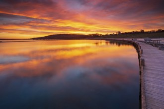 Jetty at sunrise on Geiseltalsee, artificial lake, open-cast mining lake, recultivated open-cast