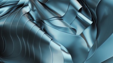 An abstract image showcasing blue metallic waves with a fluid, glossy texture in 3D. The flowing
