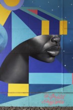 Realistic face with VR glasses made of geometric shapes, 3D portrait, mural by street artist SKIO,