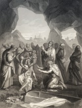 The raising of Lazarus, New Testament, steel engraving 1853, digitally restored