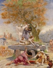 Sacrifice on a dolmen, painting by Jean-Baptiste Cariven (1843 to 1904, French painter),