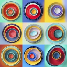 A vibrant collection of nine stacked plates arranged in a grid pattern. Each set features a unique