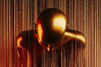 A sleek metal humanoid stands against a backdrop of vibrant, swirling lines representing artificial