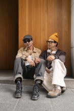 Two fashionable gay men sit on steps against a wooden backdrop. Both exhibit modern style with hats