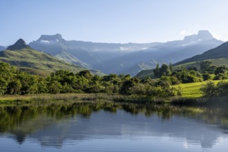 Amphitheatre with reflection in the lake, Royal Natal National Park, Drakensberg Mountains south,