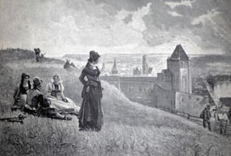 People in rural surroundings in front of a fortified castle or town, in front of the city gate