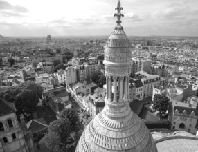 Sacré-Cœur Basilica tower, church in Motmartre, black and white, Paris, France