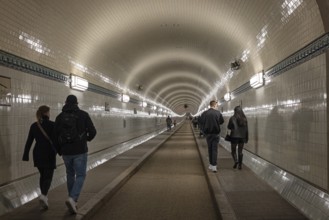 People, pedestrians, Old Elbe Tunnel, Hamburg, Germany