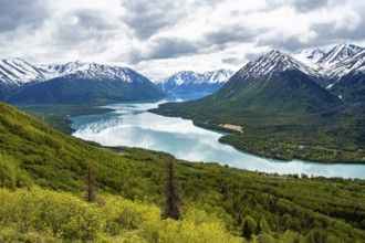 View of snowy mountains in spring and turquoise blue Kenai Lake, Slaughter Ridge Trail, Cooper