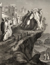 The attempt to throw Christ off a cliff, New Testament, steel engraving 1853, digitally restored