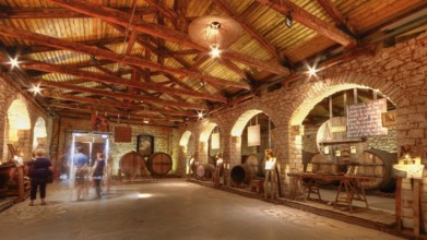 Interior view of a wine cellar with wooden roof and brick walls, few visitors, warmly lit, Achaia