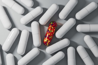 A vibrant capsule filled with colorful beads stands out among white medicine tablets on a gray