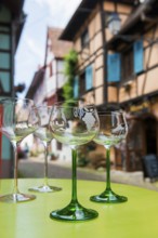 Wine glasses, Eguisheim, Plus beaux villages de France, Haut-Rhin, Alsace, Alsace, France