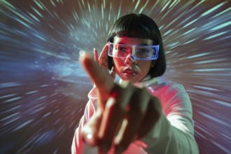 Latin woman interacts with an immersive virtual reality environment, wearing VR glasses. The scene