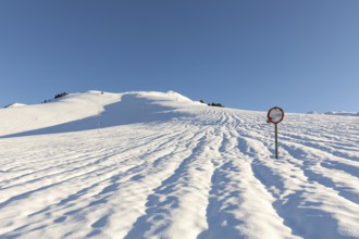 A serene snowy landscape unfolds under a clear blue sky, with a solitary road sign standing amidst