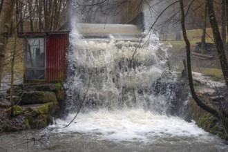 Waterwheel driven by floods, Egloffstein, Upper Franconia, Bavaria, Germany