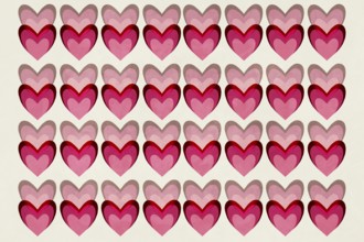 A seamless pattern of overlapping hearts in vibrant shades of pink and red, creating a playful and