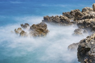 Romantic view over the sea in Koromacna Bay on a sunny day with rough seas on the island of Cres,