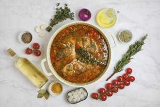 A pot filled with stew made with rabbit hind leg, tomatoes, and herbs sits on a marble surface.
