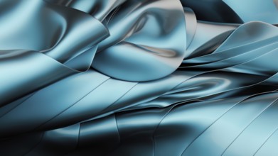 A digitally rendered image captures smooth, flowing waves of metallic blue fabric. The abstract