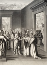 Jesus' debate with the Pharisees after the Feast of Tabernacles, steel engraving 1853, digitally