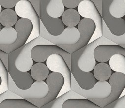 An intricate 3D geometric pattern featuring interlocking shapes in shades of gray, creating a