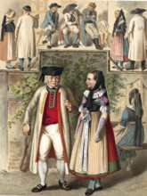 Traditional costumes in Germany around 1820, Brunswick, men and woman in traditional traditional