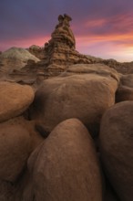 Majestic sandstone formations in Goblin Valley State Park, Utah, USA, displayed under a stunning