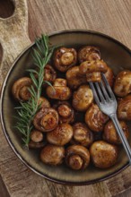 Fried mushrooms, with spices, in soy sauce, vegetarian food, homemade, no people