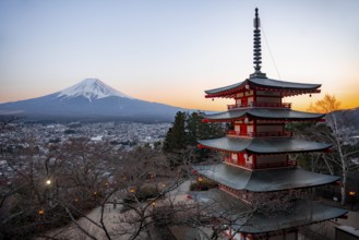 Five-story pagoda of a Shinto Shrine, Chureito Pagoda, with views of Fujiyoshida City and Mount