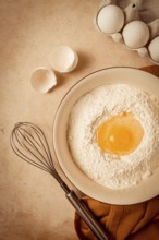 Food background, concept, plate with wheat flour, broken egg, whisk, kitchen towel, on a beige