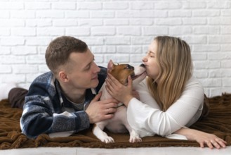 A young man and woman lovingly interact with their Staffordshire Terrier puppy dog at home,