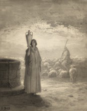 Jacob keeping Laban's flock and meets Rachel, woodcut by Gustave Doré