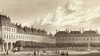 The Place des Vosges, Paris, antique steel engraved print, 1831