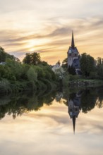 St. Pancratius Church in the evening with reflection in the Freiberger Mulde, Tragnitz, Leisnig,