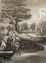 Baptism of Jesus by John the Baptist at the Jordan river, Steel engraving 1853, digitally restored