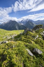 View from the Cabane du Louvie of the glaciated mountain peaks of the Grand Combine, Valais Alps,
