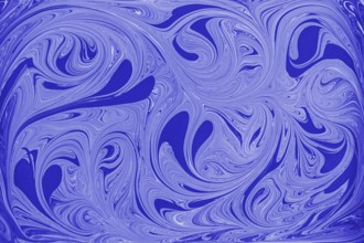 This image showcases an abstract floral pattern of swirling blue and white acrylic paint,