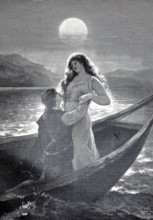 In the moonlight, couple in love in a boat on the lake at a full moon, 1895, illustration,